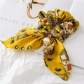 Yellow bohemian print scrunchie with long bow and large pearl pendant accessory - 3# Floral Yellow