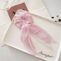 Elegant light pink chiffon scrunchie with long streaming ribbon for hair styling - Pink