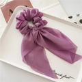 Elegant purple chiffon scrunchie with long bow streamers and a floral texture finish - Deep purple