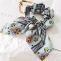 Floral print satin scrunchie with long bow and large pearl pendant in light cyan blue - 1# Floral Blue