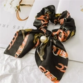 Satin black scrunchie with vintage belt pattern, large bow, and white pearl pendant - 13# Chain Red Black
