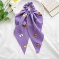 Detail of purple chiffon scrunchie with colorful butterfly prints and long ribbon streamers - Butterfly Purple