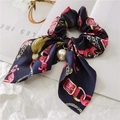Navy blue satin bow scrunchie with chain print and a large white pearl pendant - 9# Chain Navy Blue