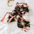 Elegant silk hair scrunchie with large bow, chain print, and pearl pendant in pink and black - 11# Chain Pink Black