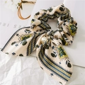 Beige silk-texture scrunchie with boho pattern bow and white pearl pendant charm - 4# Floral Light Pink