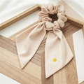Cream satin scrunchie with long ribbons featuring delicate daisy flower embroidery - Cream White Daisy Ribbon