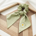 Light green satin scrunchie scarf with elegant daisy embroidery detail - Fruit Green Daisy Ribbon