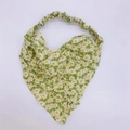Green floral head kerchief with white daisy patterns and elastic bow tie design - Headscarf / Green
