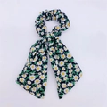 Floral daisy print hair scrunchie with long ribbons in black fabric for women - Bow Scrunchie / Dark Color
