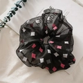 Black organza hair scrunchie with colorful geometric square print for women - Black Square