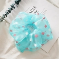 Light blue organza oversized scrunchie with pink square geometric patterns for women - Green Square