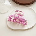 Macro view of a large clear acrylic hair claw clip with a pink dragon fruit pattern - Shark Clip Kiwi
