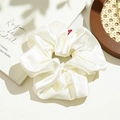 Close-up of a cream white satin scrunchie with soft pearl luster on artistic books - White