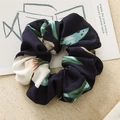 Floral scrunchie in dark blue with green leaves and cream flowers on crepe fabric - Floral (FQ2824) / Style B Navy Blue