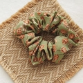 Green floral fabric scrunchie with orange rose patterns for women ponytail styling - Green Rose