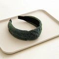 Detailed top view of a knotted wide headband in blue and green sparkly metallic fabric - Glitter Green