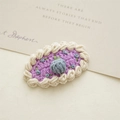 Handmade knitted purple flower hair clip with gray wool ball and cream lace trim detail - Purple Cupcake