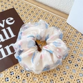Pink and blue polka dot organza scrunchie with 3D flocking dots for hair styling - Blue