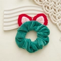 Detail of plush velvet hair scrunchie with cute cat ears in dark green and red - Green Scrunchie