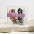 Five elastic spiral hair ties in earthy tones within a clear transparent storage box - Coffee and Gray Series