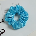 Luminous bright blue satin scrunchie with smooth reflective pleated texture for hair - LED Lake Blue