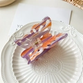 Detailed close-up of a large hollow marble purple butterfly hair claw on a ceramic plate - Large Butterfly Purple