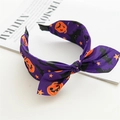 Serre-tête Halloween violet orné d'imprimés citrouille et chauve-souris avec un nœud élégant - Serre-tête Oreilles de Citrouille Violette avec Nœud