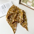 Close-up of mustard yellow floral chiffon headscarf with white crochet lace trim - Large Floral Yellow