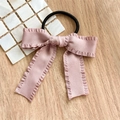Detail of light pink pleated satin bow scrunchie with high elasticity black hair rope - Hair Tie Pink Pleated Bow