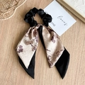 Detailed shot of double-layered floral satin bow scrunchie with long ribbons - Double Layer Black