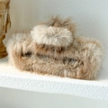 Detailed close-up of a large square faux mink fur hair claw clip in light brown color - 15cm Square Beige