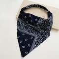 Close-up of navy blue paisley print bandana with high elasticity for headwear - Navy Blue