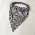 Detailed view of gray bohemian paisley headscarf with elastic band flat lay - Grey Paisley / Gray