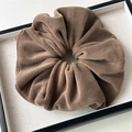 Detail of plush coffee brown velvet hair scrunchie with soft coral fleece texture - Large Plush Brown