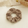 Close-up of brown velvet hair scrunchie with white pearl beads and lace details - Pearl Style / Khaki