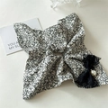 Detail of floral scrunchie with black lace bow and white faux pearl pendant - Floral White Square Bow