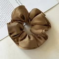 Close-up of coffee brown satin scrunchie with pleated texture and silky gloss detail - Light Coffee Wood Ear Edge