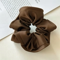 Detail view of large dark brown satin scrunchie with elegant pleated fabric texture - Dark Coffee Wood Ear Edge