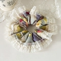 Detail of heavy embroidery floral hair scrunchie with layered lace edges and small bow - Multicolor Oil Painting Floral With Lace