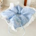 Close-up of blue gingham scrunchie with lace edges and a delicate ribbon bow - Blue Lace Square Ring