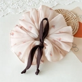 Detail of floral chiffon oversized scrunchie with dark brown ribbon bow tie - Pink Large Circle