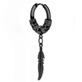 Gothic black dragon etched hoop earring with hanging feather pendant for men and women - Feather Ear Clip / Black