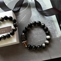 Obsidian beaded bracelet set with silver lion charm and obsidian cat-eye beads - Obsidian Bracelet with Silver Spacers (S792-A)