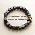 Minimalist natural ebony cube bead bracelet featuring a stylish golden metal ring accent - Ebony Square (S280-A)