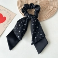 Detail of floral black double-layer ponytail scrunchie with soft pleated texture - Small Floral Pattern Double Layer / Black