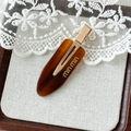 Detailansicht der Retro-Schildpatt-Haarklammer aus Acetat mit Goldlogo auf Spitze - Braun