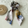 Floral ink painting satin scrunchie with long ribbons in grey blue and yellow tones - Ink Sunset (Streamer Scrunchie)