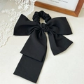 Elegant black oversized chiffon bow hair scrunchie with long ribbons and hanging streamers - Black