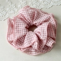 Pink and white checkered large scrunchie with delicate stitching for hair - Pink Plaid