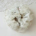 Dettaglio di scrunchie in pizzo bianco multistrato con delicato motivo floreale blu e rosso - Elastico in Pizzo Floreale Bianco Crema